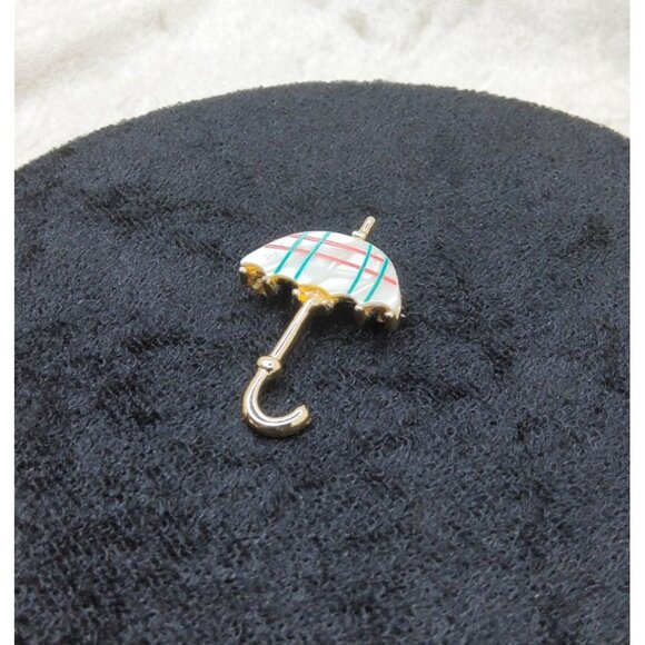 Vintage Gold-Tone Red,Green Enamel Mother of Pearl Umbrella Brooch Pin - Picture 4 of 5